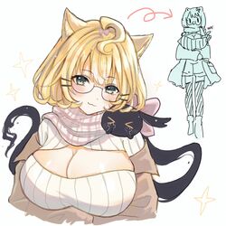  ahoge alternate_breast_size animal_ear_fluff animal_ears blonde_hair blush breasts brown_jacket cat_ears cleavage female glasses green_eyes highres jacket large_breasts lucie_(millie_parfait) miaochan_zzz millie_parfait nijisanji nijisanji_en scarf semi-rimless_eyewear short_hair smile solo sweater virtual_youtuber white_sweater 