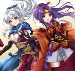  2girls :d bandages black_gloves blue_scarf breasts chest_sarashi commentary fingerless_gloves fire_emblem fire_emblem:_radiant_dawn fire_emblem_heroes gloves highres japanese_clothes kakiko210 kimono long_hair looking_at_viewer medium_breasts micaiah_(fire_emblem) micaiah_(ninja)_(fire_emblem) multiple_girls ninja official_alternate_costume official_alternate_hairstyle open_mouth ponytail purple_hair sanaki_kirsch_altina sanaki_kirsch_altina_(ninja) sarashi scarf shuriken smile weapon white_hair yellow_eyes 