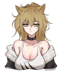  animal_ears arknights bad_id bad_pixiv_id black_collar black_jacket breasts brown_hair cleavage collar commentary female fur-trimmed_jacket fur_trim highres jacket korean_commentary large_breasts lion_ears lion_girl off_shoulder petra_(jgc845601) siege_(arknights) simple_background solo studded_collar tank_top upper_body white_background white_tank_top yellow_eyes 