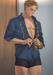  1boy bara black_male_underwear blonde_hair blue_shirt boxer_briefs bulge closed_eyes collared_shirt cowboy_shot highres jujutsu_kaisen male_focus male_underwear muscular muscular_male nanami_kento necktie pectorals shirt short_hair solo standing uhai unbuttoning underwear undressing yellow_necktie 