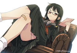  armchair banana_hair_ornament bandaid bandaid_on_knee bandaid_on_leg black_hair black_sailor_collar black_serafuku blush braid brown_eyes chair commentary_request crossed_legs female food-themed_hair_ornament from_below frown glasses hair_ornament highres holding holding_notebook ichimi_renge long_skirt looking_at_viewer low_twin_braids medium_hair neckerchief notebook original red_neckerchief sailor_collar school_uniform serafuku simple_background sitting skirt socks solo thighs twin_braids white_background white_socks 