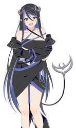  :d akitetsu arms_under_breasts bandeau belt black_bandeau black_belt black_hair black_jacket black_skirt blue_belt blue_hair breasts brown_eyes chest_belt cleavage collarbone crossed_arms curled_horns demon_girl demon_horns demon_tail fangs feet_out_of_frame female grey_horns hair_between_eyes hebiyoi_tier hebiyoi_tier_(1st_costume) highres horns jacket large_breasts long_bangs long_hair long_sleeves looking_at_viewer multicolored_hair nanashi_inc. off_shoulder open_mouth pointy_ears sidelocks simple_background skirt smile snake_bite solo tail two-tone_hair virtual_youtuber white_background 