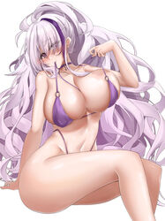  absurdres azur_lane bikini breasts choker collarbone covered_nipples female hair_over_one_eye highleg highleg_bikini highres huge_breasts long_hair looking_at_viewer mouth_hold multicolored_hair noazzark o-ring o-ring_bikini official_alternate_costume purple_bikini purple_choker purple_eyes purple_hair sideboob simple_background sitting solo streaked_hair swimsuit two-tone_hair undone_bikini unzen_(azur_lane) unzen_(sojourn_through_clear_seas)_(azur_lane) very_long_hair white_background white_hair 