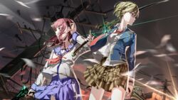  2girls absurdres angel_beats! blue_jacket blue_sailor_collar blue_skirt brown_hairband brown_skirt collared_shirt commentary_request cowboy_shot crossover dutch_angle green_eyes green_hair hairband heaven_burns_red highres holding holding_sword holding_weapon jacket kayamori_ruka long_hair long_sleeves multiple_girls nakamura_yuri neckerchief necktie nico-tine night outdoors pink_hair plaid plaid_skirt pleated_skirt power_lines red_eyes red_neckerchief red_necktie sailor_collar school_uniform serafuku shirt short_hair skirt sword utility_pole weapon white_shirt 