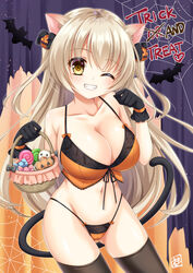  animal_ears basket bat_(animal) blonde_hair blush bow breasts camisole candy cat_ears cat_tail cleavage female food gloves grin groin hair_ornament hairbow halloween halterneck highres holding holding_basket jack-o&#039;-lantern jack-o&#039;-lantern_hair_ornament kkurumi large_breasts lingerie long_hair microskirt navel one_eye_closed original panties paw_pose see-through see-through_skirt silk skirt smile solo spider_web tail thighhighs trick_or_treat two_side_up underwear very_long_hair yellow_eyes 