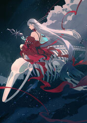  absurdly_long_hair absurdres animal_skeleton aqua_gloves arknights back back_bow black_bow bow chinese_commentary closed_eyes cloud commentary_request dress female flying_whale from_behind gloves grey_hair hair_ornament highres holding holding_staff long_hair lubusi night night_sky no_headwear off_shoulder official_alternate_costume outdoors partial_commentary profile red_dress red_ribbon ribbon riding sidesaddle sitting_on_animal skadi_(arknights) skadi_the_corrupting_heart_(arknights) skeleton sky solo staff star_(sky) starry_sky very_long_hair whale 