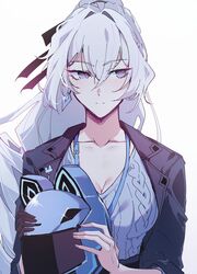  absurdres aer007580 black_gloves black_jacket blazer breasts bronya_zaychik bronya_zaychik_(outstanding_attitude)_(honkai_impact) bronya_zaychik_(silverwing:_n-ex) cable_knit cat_ear_helmet closed_mouth collarbone commentary crossed_bangs earrings english_commentary female gloves grey_eyes grey_hair grey_sweater helmet highres holding holding_helmet honkai_(series) honkai_impact_3rd jacket jewelry large_breasts long_hair office_lady official_alternate_costume simple_background single_earring solo sweater sweater_tucked_in upper_body white_background 