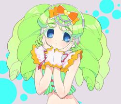  blue_eyes blush bow colored_eyelashes cropped_shirt falulu female green_hair green_shirt hair_ornament hairbow hands_on_own_cheeks hands_on_own_face hands_up heart heart_hair_ornament long_hair looking_to_the_side moudoku_(decopon3rd) pretty_series pripara shirt sidelocks solo twintails wrist_cuffs yellow_bow 