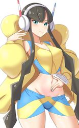  absurdres aqua_eyes aqua_nails black_hair blue_shirt blue_shorts breasts crop_top elesa_(pokemon) female headphones highres jacket large_breasts legs long_hair looking_at_viewer maho_(corotonton5150) midriff navel open_clothes open_jacket pokemon pokemon_bw2 shirt short_hair short_shorts shorts simple_background sleeveless sleeveless_shirt smile solo spread_navel thighs two-tone_shirt two-tone_shorts white_background yellow_jacket yellow_shirt yellow_shorts 