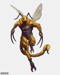  4:5 absurd_res anthro arachnid arthropod bee buckovskiart fantasy flying full-length_portrait fur hi_res hybrid hymenopteran insect_wings insects male muscular pincers portrait scorpion scorpion_tail solo weretober wings yellow_body yellow_fur 