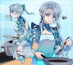  absurdres alternate_hairstyle apron blue_background blue_eyes blue_hair blue_nails breasts butterfly_hair_ornament butterfly_ornament closed_eyes collarbone cooking cooking_pot female frying_pan hair_ornament highres holding holding_frying_pan holding_knife holding_spatula indie_virtual_youtuber knife large_breasts long_hair mituki841 monarch_(amalee) multiple_views nervous_sweating open_mouth ponytail second-party_source shaded_face spatula steam stove sweat utensil_in_mouth virtual_youtuber 