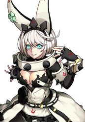  ahoge animal_ears aqua_eyes belt black_gloves bracelet breasts cleavage cleavage_cutout closed_mouth clothing_cutout clover collar dress ebi_pri_shrimp elphelt_valentine fake_animal_ears female fingerless_gloves four-leaf_clover gloves grey_hair guilty_gear guilty_gear_xrd hairband huge_ahoge jewelry large_breasts looking_at_viewer rabbit_ears short_hair simple_background smile solo spiked_bracelet spiked_collar spiked_hairband spikes wedding_dress white_background 