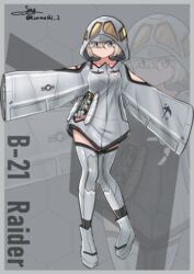  absurdres aircraft airplane b-21_raider blonde_hair blue_eyes bomb bomber boots breasts character_name clothing_cutout dress explosive female full_body grey_dress grey_footwear grey_thighhighs highres hood hood_up hooded_dress mecha_musume military_vehicle original personification roundel short_dress short_hair shoulder_cutout side_cutout sleeves_past_fingers sleeves_past_wrists small_breasts standing teisei_sagishi thighhighs united_states_air_force very_long_sleeves wide_sleeves zoom_layer 