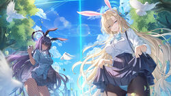  2girls animal_ears asuna_(blue_archive) asuna_(bunny)_(blue_archive) bag black_hair black_pantyhose black_skirt blonde_hair blue_archive blue_cardigan blue_eyes blue_halo blue_leotard blush breasts buttons cardigan cellphone closed_mouth clothes_lift collared_shirt commentary_request cowboy_shot dark-skinned_female dark_skin day fake_animal_ears greenapple hair_between_eyes hair_over_one_eye halo highres holding holding_phone karin_(blue_archive) karin_(bunny)_(blue_archive) large_breasts leotard leotard_peek leotard_under_clothes light_brown_hair long_hair long_sleeves looking_at_viewer multiple_girls outdoors pantyhose phone playboy_bunny pleated_skirt purple_halo rabbit_ears school_bag school_uniform shirt shoulder_bag skirt skirt_lift smartphone smile tree white_shirt yellow_eyes 