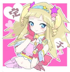  :&gt; blonde_hair blue_eyes blue_hairband blunt_bangs blush border closed_mouth commentary_request cosplay cropped_shirt female gloves gozen_sadako hair_ornament hairband hand_on_own_cheek hand_on_own_face hands_up heart idol_clothes idol_time_pripara long_hair looking_at_viewer microphone midriff moudoku_(decopon3rd) nervous nervous_smile pink_background pink_gloves pink_shirt pink_skirt pretty_series pripara ringlets shirt skirt smile solo star_(symbol) star_hair_ornament sweatdrop translation_request two_side_up white_border yumekawa_yui yumekawa_yui_(cosplay) 