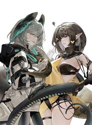  2girls aqua_eyes arknights bare_shoulders bikini black_bikini black_gloves black_hair black_pantyhose blue_eyes blush breasts butterfly_hair_ornament charo_(morphodrake) cleavage coat cowboy_shot dress eunectes_(arknights) fingerless_gloves gloves grey_hair hair_ornament head_wings highres ho&#039;olheyak_(arknights) hood hood_down hooded_coat large_breasts long_hair long_sleeves multiple_girls open_clothes open_coat open_mouth pantyhose parted_lips pointy_ears see-through short_hair simple_background smile snake_tail squiggle swimsuit tail tail_wrap thigh_strap torn_bikini torn_clothes white_background white_coat white_dress white_gloves wings yuri 