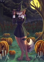  anthro barefoot blue_eyes bottomwear brown_body brown_fur brown_hair brown_tail canid canine celine_(rustin) clothed clothing cloud collar colored_fire costume detailed_background digitigrade dipstick_tail dress elemental_manipulation feet female fence fire fire_manipulation food footwear forest fox fruit fully_clothed fur hair halloween halloween_costume handpaw hat headgear headwear hi_res hindpaw holidays jack-o&#039;-lantern jewelry leg_accessory legwear light magic_user mammal markings moon moonlight multicolored_body multicolored_fur multicolored_hair nature nature_background night pawpads paws plant pumpkin purple_fire purple_hair smile solo standing tail tail_markings teeth tree two_tone_body two_tone_fur two_tone_hair white_tail_tip witch witch_costume witch_hat yhorey_san 