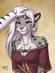  2023 3:4 anthro blush breasts chest_tuft clothing dress duo felid female fur grey_body grey_fur grey_nose hair harry_campbell head_pat heresy_(artist) hi_res khajiit male male/female mammal markings microsoft mostly_offscreen_character pantherine signature smile snow_leopard solo_focus spots spotted_body spotted_fur striped_body striped_fur stripes the_elder_scrolls tiger tuft white_body white_fur white_hair 