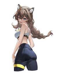  animal_ears ass black_pants braid breasts brown_hair cropped_legs female girls&#039;_frontline girls&#039;_frontline_neural_cloud grey_eyes hexagon_hair_ornament highres justcitizeeeeen korean_commentary long_hair looking_back medium_breasts open_mouth pants simple_background smile sports_bra turing_(neural_cloud) underwear white_background white_sports_bra 