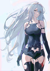  a2_(nier:automata) absurdres android aqua_eyes black_gloves black_shorts breasts elbow_gloves ershuihe female gloves grey_hair hair_between_eyes highres joints large_breasts long_hair mole mole_under_mouth nier:automata nier_(series) robot_joints short_shorts shorts simple_background solo very_long_hair 