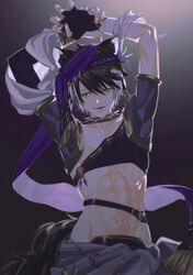  1boy abs absurdres alternate_costume animal_ears arabian_clothes arms_up backlighting black_hair chest_guard collar dancer facing_viewer feather_hair_ornament feathers fingerless_gloves gloves gradient_background hair_ornament half-closed_eyes harem_outfit highres hip_bones holostars jackal_boy jackal_ears jackal_tail kageyama_shien looking_to_the_side male_focus midriff momiage_40 multicolored_hair navel official_alternate_costume parted_lips revealing_clothes short_hair short_sleeves shrug_(clothing) smile solo spiked_collar spikes toned toned_male two-tone_hair upper_body virtual_youtuber white_hair yellow_eyes 