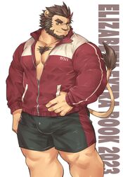  1boy alternate_costume animal_ears bara bare_pectorals beard black_shorts brown_hair bulge chest_tuft crave_saga ellie_saionji english_text facial_hair forked_eyebrows furry furry_male highres jacket karaha_(crave_saga) lion_boy lion_ears lion_tail looking_at_viewer male_focus partially_unzipped pectorals red_jacket shorts simple_background solo tail thick_eyebrows thick_thighs thighs thumb_in_pocket track_jacket tusks yellow_eyes 