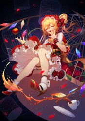  absurdres adapted_costume ankle_garter ankle_strap apple ascot birdcage blonde_hair bow cage crystal cup dress english_commentary erchongbaojun evil_smile female flandre_scarlet flower food frilled_ascot frills fruit full_body gold_trim hand_up hands_up hat hat_bow high_heels highres long_hair looking_at_viewer open_mouth petticoat puffy_short_sleeves puffy_sleeves red_bow red_dress red_eyes red_flower red_footwear red_hat red_rose rose saucer short_sleeves side_ponytail sitting slit_pupils smile socks solo striped striped_bow tea teacup thorns touhou white_socks wings wrist_cuffs yellow_ascot 