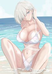  absurdres beach blue_eyes blue_sky breasts cleavage cloud day feet_out_of_frame female grey_hair hair_ornament hair_over_one_eye hairclip hamakaze_(kancolle) highres kantai_collection ken_(shutenndouji1) large_breasts looking_at_viewer ocean outdoors sitting sky solo water white_background white_hair 