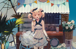  absurdres animal_ears arknights bare_arms beach_umbrella bear_ears bikini bikini_bottom_only black_ribbon blue_bikini blue_bow blue_ribbon blue_sailor_collar blue_sky bow character_name collared_dress colored_eyelashes commentary_request copyright_name cowboy_shot cup curly_hair disposable_cup dress female flower food food_stand frilled_dress frills frying_pan garland_(decoration) gummy_(arknights) gummy_(summer_flowers)_(arknights) hair_ornament hairbow hairclip hat hat_ribbon highres holding holding_frying_pan holding_ice_cream_cone ice_cream ice_cream_cone looking_at_viewer menu mini_hat mizu_(shir_ley) nail_polish open_mouth outdoors plant potted_plant red_eyes red_nails ribbon rose sailor_collar sailor_dress sailor_hat see-through see-through_dress short_dress short_hair short_twintails sky smile solo straight-on striped striped_bow swimsuit teeth twintails umbrella upper_teeth_only waist_bow white_dress white_flower white_hat white_rose white_umbrella wrist_ribbon 