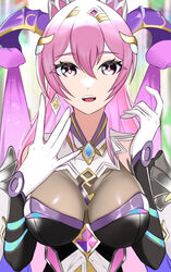  :d breasts female fire_emblem fire_emblem_heroes gloves goat_horns hair_between_eyes horns large_breasts long_hair looking_at_viewer nerthuz_(fire_emblem) ondur open_mouth pink_eyes pink_hair smile solo teeth upper_body upper_teeth_only white_gloves 