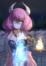  arm_behind_back artist_name aura_(sousou_no_frieren) balance_scale black_gloves blue_eyes blue_fire braid breasts cleavage commentary_request demon_girl elbow_gloves female fire gloves grin heterochromia highres holding_scale horns long_hair low-braided_long_hair low-tied_long_hair medium_breasts purple_hair smile solo sousou_no_frieren suzuka_(suzukawu) teeth upper_body weighing_scale yellow_eyes 