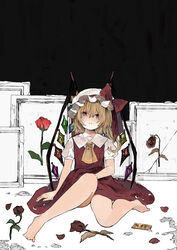  absurdres ascot bad_feet bare_legs barefoot blonde_hair collared_shirt crystal female flandre_scarlet flower full_body hat hat_ribbon highres medium_hair mob_cap multicolored_wings niseneko_(mofumofu_ga_ienai) on_floor one_side_up petals puffy_short_sleeves puffy_sleeves red_eyes red_flower red_ribbon red_rose red_skirt red_vest ribbon rose rose_petals shirt short_sleeves sitting skirt skirt_set solo thighs touhou vest white_hat white_shirt wings withered yellow_ascot 