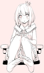  bare_shoulders barefoot blush breasts collarbone crown dodome-iro_mayonnaise dress earrings eyelashes feet female foreshortening frilled_dress frills full_body hair_ornament hands_on_own_knees highres himemori_luna himemori_luna_(sundress) hololive jewelry knees_up legs looking_at_viewer medium_breasts medium_hair mini_crown monochrome necklace off-shoulder_dress off_shoulder pink_background simple_background sitting soles solo tilted_headwear toenails toes virtual_youtuber 