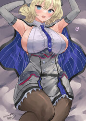  blonde_hair blue_eyes blue_necktie braid breasts capelet colorado_(kancolle) dress elbow_gloves female garrison_cap gloves hat headgear highres kantai_collection large_breasts mizuta_kenji necktie open_mouth pantyhose shirt short_hair side_braids sideboob sleeveless solo white_shirt 