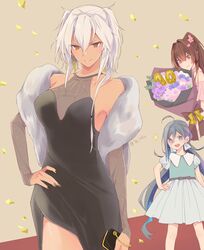  3girls \||/ ahoge black_dress black_nails blue_eyes blue_flower bouquet breasts brown_eyes brown_hair colis dark-skinned_female dark_skin dress fingernails flower green_shirt grey_hair hair_between_eyes hand_on_own_hip holding holding_bouquet kantai_collection kiyoshimo_(kancolle) large_breasts long_hair looking_at_viewer low_twintails multiple_girls musashi_(kancolle) nail_polish open_mouth pink_flower purple_flower red_eyes shirt short_sleeves skirt smile twintails twitter_username white_hair white_skirt yamato_(kancolle) 