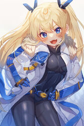  :d bandaid bandaid_on_cheek bandaid_on_face belt black_bodysuit black_gloves blonde_hair blue_belt blue_eyes blue_gloves blush bodysuit breasts coat commentary_request covered_navel cowboy_shot female fur-trimmed_coat fur_trim gloves goddess_of_victory:_nikke hair_between_eyes hands_on_own_hips headgear highres laplace_(nikke) long_hair looking_at_viewer oerba_yun_fang open_clothes open_mouth shimada_(smd_dms) sidelocks simple_background skin_fang small_breasts smile solo standing twintails two-tone_gloves white_background white_coat 