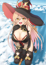  absurdres bird black_gloves blonde_hair blush bra bra_peek breasts broom broom_riding cleavage clothing_cutout cloud female flying gloves gradient_hair hair_between_eyes hat highres large_breasts long_hair looking_at_viewer multicolored_hair navel_cutout nijisanji nui_sociere nui_sociere_(1st_costume) ocean oerba_yun_fang open_mouth pink_hair red_bra skin_fang sky smile solo stock-world thighhighs torn_clothes torn_hat underwear very_long_hair virtual_youtuber witch witch_hat yellow_eyes 