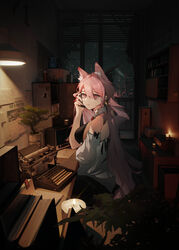  absurdres alternate_costume animal_ear_fluff animal_ears arknights balcony bare_shoulders black_bow black_bra black_ribbon bonsai book bookshelf bow bra breasts cabinet candle city crt extra_ears female hair_ribbon highres holding holding_phone huajiaohaibao indoors kettle lamp large_breasts long_hair looking_at_viewer night paper phone pink_eyes pink_hair plant potted_plant pozyomka_(arknights) rhodes_island_logo_(arknights) ribbon shirt sitting solo sparkle_earrings sticky_note table textless_version typewriter underwear very_long_hair white_shirt wolf_ears wolf_girl 