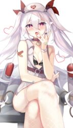  absurdres azur_lane bandaid bandaid_on_arm bandaid_on_hand bandaid_on_shoulder bare_shoulders black_bra bra breasts commentary crossed_legs female fishnet_thighhighs fishnets garter_straps hair_between_eyes hair_ribbon hat heart heart-shaped_pupils heart_collar highres long_hair looking_at_viewer moyumidori nurse nurse_cap official_alternate_costume open_mouth red_eyes red_ribbon ribbon simple_background sitting small_breasts solo symbol-only_commentary symbol-shaped_pupils thighhighs twintails underwear vampire_(azur_lane) vampire_(little_devil_in_white)_(azur_lane) white_background white_garter_straps white_hair white_thighhighs 