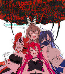  animal_ears bare_arms bare_shoulders black_hair black_sports_bra blue_hair breasts cleavage closed_eyes english_text fangs feather_hair_ornament feathers flag hair_intakes hair_ornament hakos_baelz hakos_baelz_(1st_costume) hand_on_another&#039;s_head happy_birthday holocouncil hololive hololive_english horns irys_(hololive) irys_(irys_2.0)_(hololive) large_breasts long_hair mask mouse_ears mouse_girl mouth_mask multicolored_hair multiple_girls nanashi_mumei nanashi_mumei_(casual) navel official_alternate_costume ouro_kronii ouro_kronii_(casual) pointy_ears red_hair signature simple_background sparkle speech_bubble sports_bra streaked_hair taka_t very_long_hair virtual_youtuber white_background white_hair 