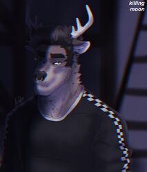  acidwuff anthro antlers black_clothing black_hair black_topwear brown_body brown_fur chromatic_aberration clothed clothing deer ear_piercing facial_piercing front_view fur gauged_ear hair hi_res horn looking_at_viewer male mammal mouth_closed multiple_piercings neck_tuft nose_piercing nose_ring piercing ring_piercing septum_piercing septum_ring short_hair signature solo topwear tuft white_antlers 