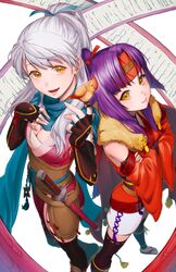  2girls :d aduti_momoyama arm_guards bare_shoulders black_gloves black_thighhighs blue_scarf breasts chest_sarashi cleavage commentary fingerless_gloves fire_emblem fire_emblem:_radiant_dawn fire_emblem_heroes foreshortening from_above gloves hair_ribbon half-siblings hand_on_own_chest headband highres japanese_clothes long_hair long_scarf looking_at_viewer medium_breasts micaiah_(fire_emblem) micaiah_(ninja)_(fire_emblem) multiple_girls ninja official_alternate_costume official_alternate_hairstyle open_mouth ponytail purple_hair red_headband ribbon sanaki_kirsch_altina sanaki_kirsch_altina_(ninja) sandals sarashi scarf scroll shuriken siblings sisters smile thighhighs weapon white_background white_hair yellow_eyes yune_(fire_emblem) zouri 