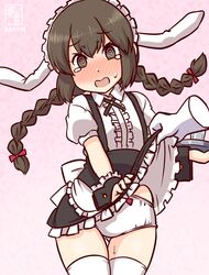  @_@ alternate_costume animal_ears apron artist_logo black_hairband blush braid brown_eyes brown_hair center_frills clothes_lift cosplay disembodied_hand droopy_ears embarrassed fake_animal_ears female fleur_de_lapin_uniform floppy_ears frilled_apron frilled_cuffs frilled_hairband frilled_shirt frills gradient_background hairband isonami_(kancolle) kanon_(kurogane_knights) kantai_collection kirima_syaro kirima_syaro_(cosplay) lolita_hairband long_hair nose_blush one-hour_drawing_challenge open_mouth panties pink_background puffy_short_sleeves puffy_sleeves rabbit_ears shirt short_sleeves skirt skirt_lift trembling twin_braids underbust underwear waist_apron waitress white_apron white_panties wrist_cuffs 