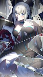  baobhan_sith_(fate) bare_shoulders black_bow black_dress blue_choker blue_eyes blush bow braid breasts broken broken_glass broken_mirror center_opening choker clothing_cutout dress elbow_gloves fate/grand_order fate_(series) female glass gloves grey_hair hairbow half_up_braid highres long_hair looking_at_viewer mirror mishiro_(ixtlolton) morgan_le_fay_(fate) multiple_braids parody ponytail reflection solo stomach_cutout stuffed_toy style_parody takeuchi_takashi_(style) two-tone_dress 