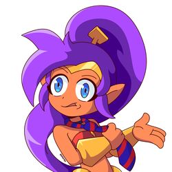  1:1 absurd_res blue_eyes brown_body brown_skin clothing clothing_pull efextex female genie hair hi_res humanoid humanoid_pointy_ears long_hair necktie necktie_pull not_furry ponytail purple_hair shantae shantae_(series) signature simple_background solo wayforward white_background wide_eyed 