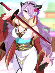  bare_shoulders blurry blurry_background breasts camilla_(fire_emblem) camilla_(new_year)_(fire_emblem) cleavage closed_mouth female fire_emblem fire_emblem_fates fire_emblem_heroes flower hair_flower hair_ornament hair_over_one_eye highres holding holding_sword holding_weapon japanese_clothes kimono large_breasts long_hair long_sleeves official_alternate_costume ondur purple_eyes purple_hair smile solo sword very_long_hair weapon wide_sleeves 