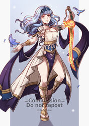  armlet artist_name bird blue_hair blutgang_(fire_emblem) breasts choker cleavage commission dancer dancer_(fire_emblem:_three_houses) dress english_commentary female fire_emblem fire_emblem:_three_houses fire_emblem_warriors:_three_hopes full_body gladiator_sandals gzei hairband highres holding holding_sword holding_weapon long_hair marianne_von_edmund medium_breasts official_alternate_hairstyle pelvic_curtain sandals single-shoulder_dress solo standing sword thighs twitter_username watermark weapon white_dress 