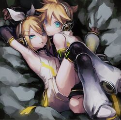  1boy 9ibem arm_behind_head arm_up black_shorts blanket blanket_grab blonde_hair blue_eyes candy commentary crossed_legs detached_sleeves female food food_in_mouth frown glowing glowing_clothes hair_ribbon half-closed_eyes headphones heads_together high_collar indoors kagamine_len kagamine_len_(append) kagamine_rin kagamine_rin_(append) kneeling leaning leaning_back leaning_forward leg_warmers light_frown lollipop looking_back lying night official_alternate_costume on_back on_bed reclining ribbon short_hair shorts siblings sleeveless speaker twins vocaloid vocaloid_append white_headphones white_headwear white_ribbon white_shorts worried 