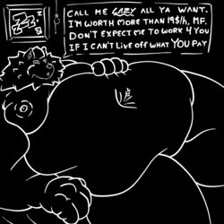  1:1 anthro barazoku belly big_belly canid canine canis dialogue digital_media_(artwork) domestic_dog english_text fujiyama_kenhaku fujiyama_samoyed_(artist) fur huge_belly hyper hyper_belly light_bulb line_art looking_at_viewer male mammal monochrome navel neck_tuft nipples nordic_sled_dog nude obese obese_anthro obese_male overweight overweight_anthro overweight_male picture_frame samoyed size_difference solo spitz text thick_thighs tuft 