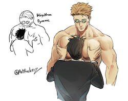  2boys alternate_pectoral_size artrockerz bara between_pectorals blonde_hair clothed_male_nude_male collared_shirt cropped_torso doodle_inset expressionless face_to_pecs from_above grabbing head_between_pecs head_between_pecs_(meme) higuruma_hiromi huge_pectorals jujutsu_kaisen long_sleeves looking_at_another male_focus mature_male meme multiple_boys muscular muscular_male nanami_kento nude pectoral_grab pectorals shirt short_hair thick_eyebrows yaoi 